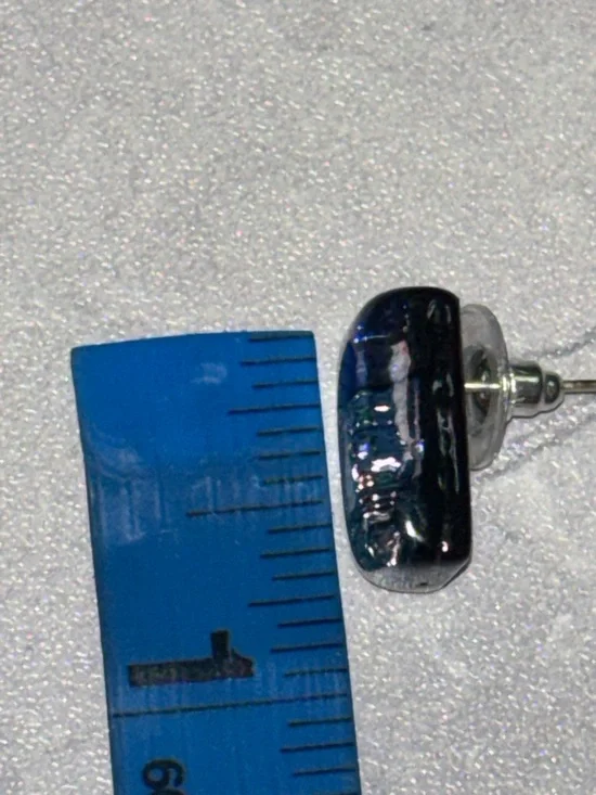 Handcrafted Dichroic Fused Glass Earrings w/ blue and silver shimmering pattern - Picture 7 of 7